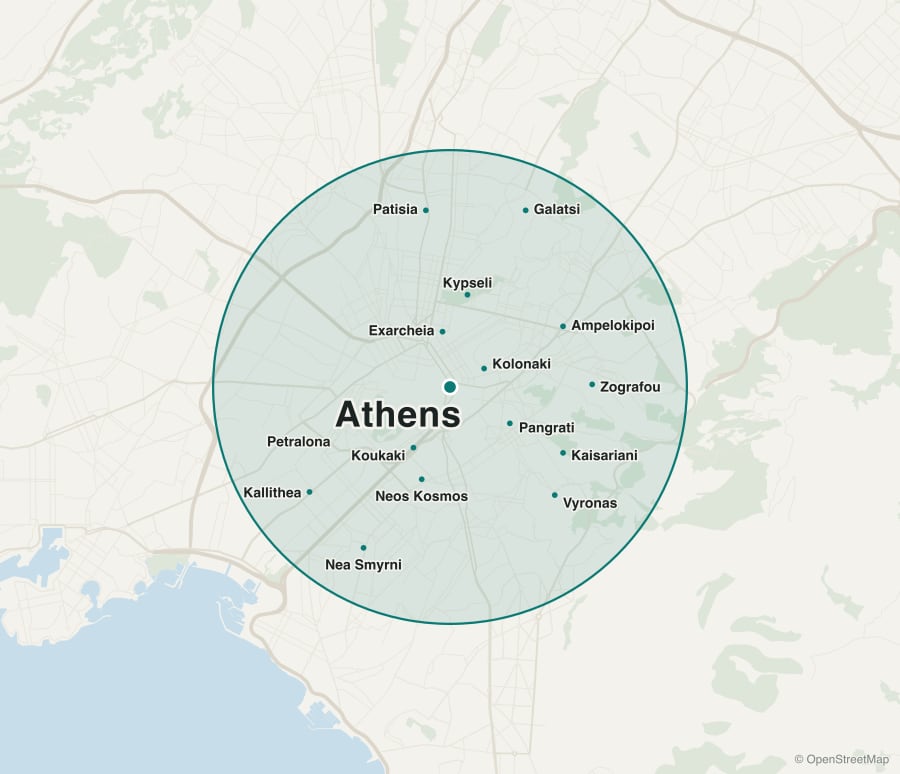 Map of covered areas — 5 km radius from the Athens city centre